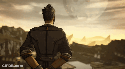 Cartoon Character Holding Gun In Front Of Building GIF