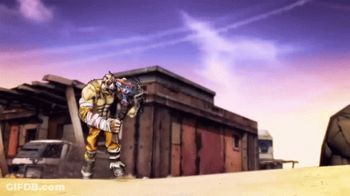 Cartoon Character Holding Gun In Front Of Building GIF