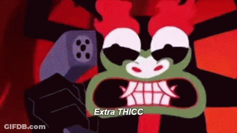 Cartoon Character Holding Gun Labeled Extra Thicc GIF