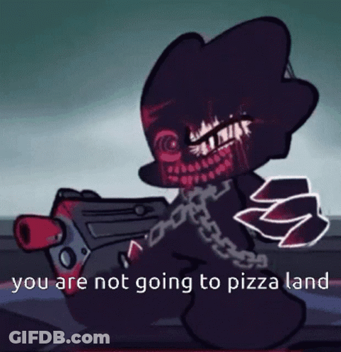 Cartoon Character Holding Gun Not Going To Pizza Land GIF