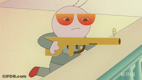 Cartoon Character Holding Gun Saying Hello GIF