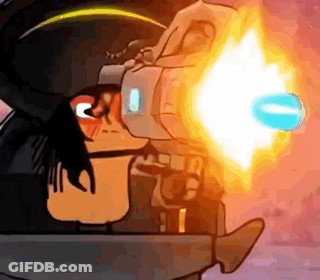 Cartoon Character Holding Gun Shooting Fireball GIF