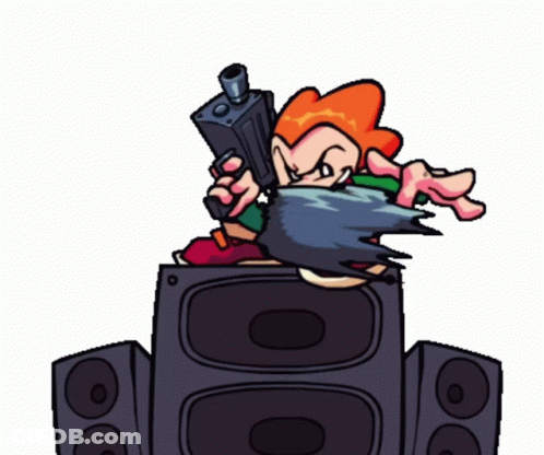 Cartoon Character Holding Gun Sitting On Speaker GIF