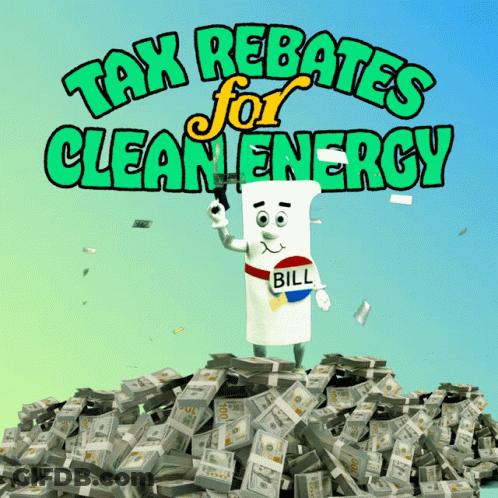 Cartoon Character Holding Gun With Money Saying Tax Rebates For Clean Energy GIF