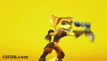 Cartoon Character Holding Gun With Ratchet Behind GIF