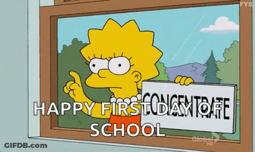 Cartoon Character Holding Happy First Day Off School Sign GIF