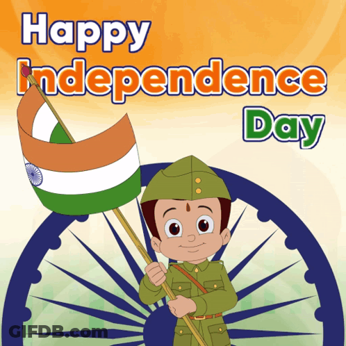 Cartoon Character Holding Happy Independence Day Flag GIF