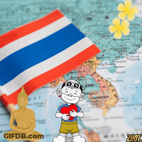Cartoon Character Holding Heart In Front Of Thailand Map GIF