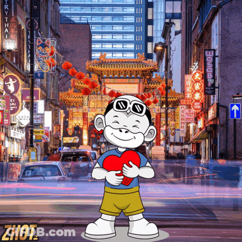 Cartoon Character Holding Heart In Street GIF