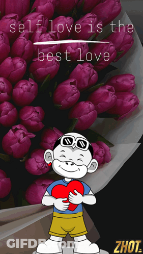 Cartoon Character Holding Heart With Purple Flowers GIF