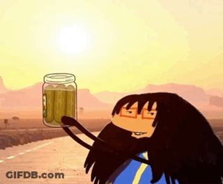 Cartoon Character Holding Jar Of Pickles In Front Of Sun GIF
