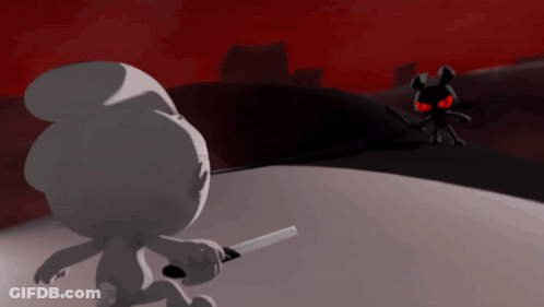 Cartoon Character Holding Knife In Front Of Black Mouse With Red Eyes GIF