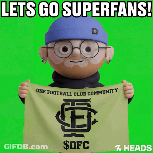 Cartoon Character Holding Let's Go Super Fans Banner GIF
