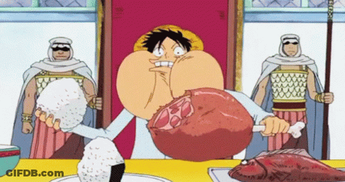 Cartoon Character Holding Meat And Rice GIF