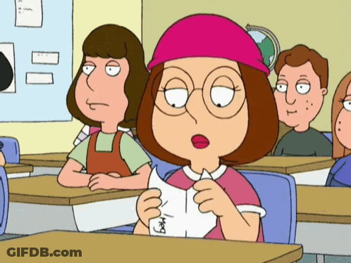 Cartoon Character Holding Meg Paper In Classroom GIF