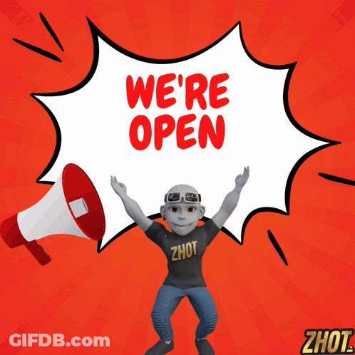 Cartoon Character Holding Megaphone Saying We're Open GIF