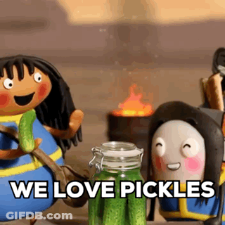 Cartoon Character Holding Pickle By Pickle Jar Saying We Love Pickles GIF