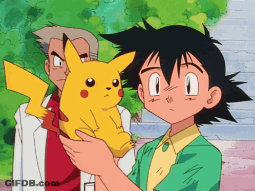 Cartoon Character Holding Pikachu With Another Looking On GIF