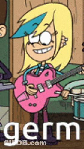 Cartoon Character Holding Pink Guitar Smiling GIF