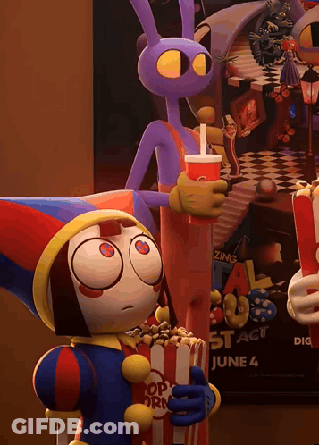 Cartoon Character Holding Popcorn Box And Drink GIF