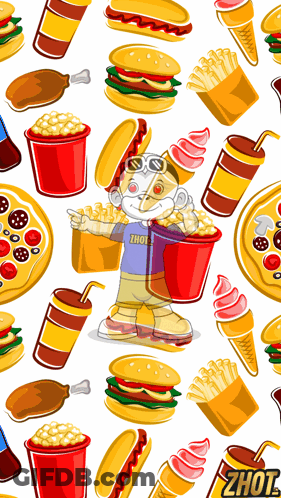 Cartoon Character Holding Popcorn Bucket And Pizza GIF