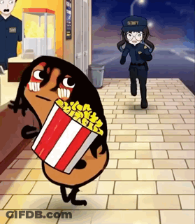 Cartoon Character Holding Popcorn, Security Guard Runs Behind GIF