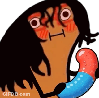 Cartoon Character Holding Red And Blue Worm In Mouth GIF