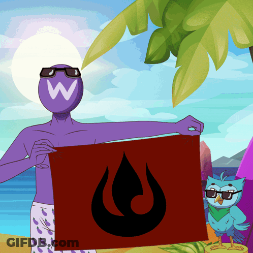 Cartoon Character Holding Red Flag With Flame GIF
