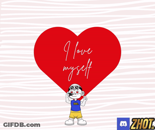 Cartoon Character Holding Red Heart Saying I Love Myself GIF