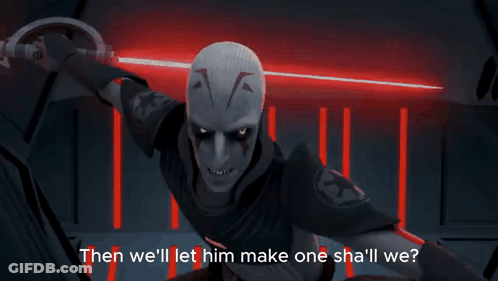Cartoon Character Holding Red Lightsaber Saying Then We'll Let Him Make One Shall We GIF