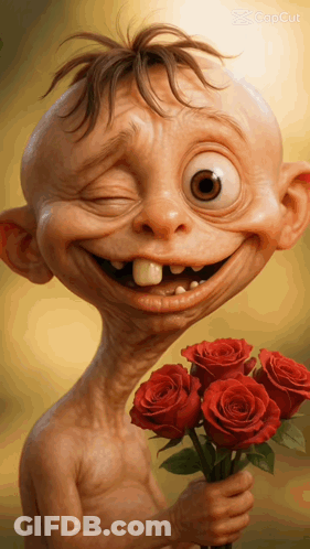 Cartoon Character Holding Red Roses GIF