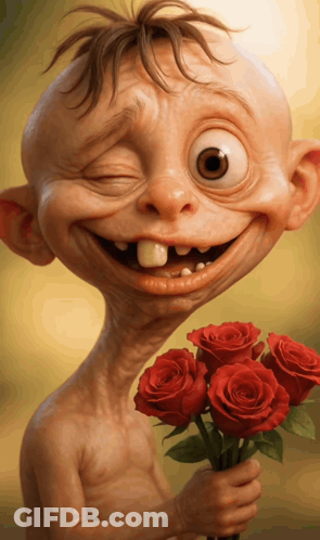 Cartoon Character Holding Red Roses GIF