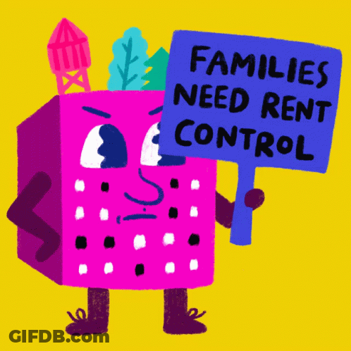 Cartoon Character Holding Rent Control Sign GIF
