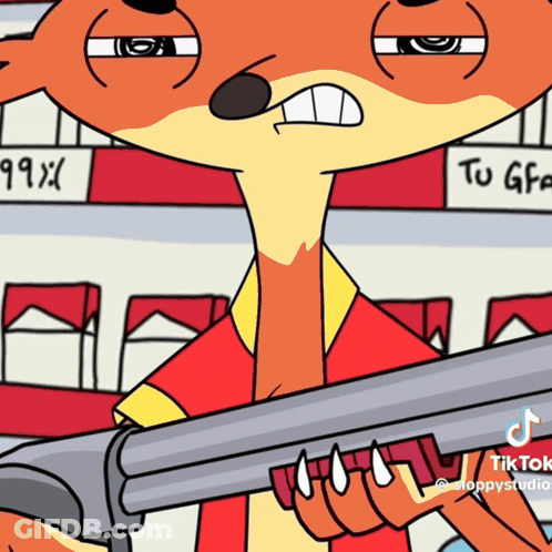 Cartoon Character Holding Shotgun In Front Of 99Xx Sign GIF