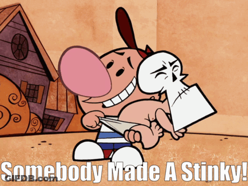 Cartoon Character Holding Skeleton Saying Somebody Made A Stinky GIF