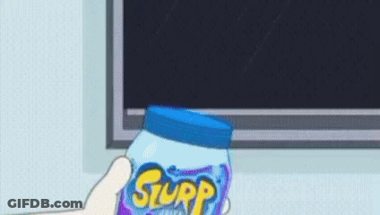 Cartoon Character Holding Slurp Candy Jar In Front Of TV GIF