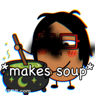 Cartoon Character Holding Spoon Beside Cauldron Saying Makes Soup GIF