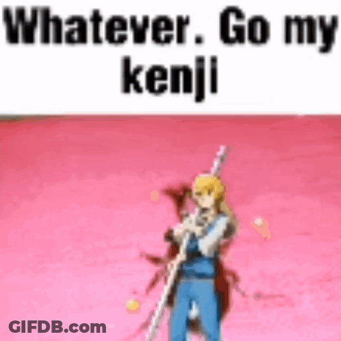 Cartoon Character Holding Stick And Sword On Pink Surface GIF
