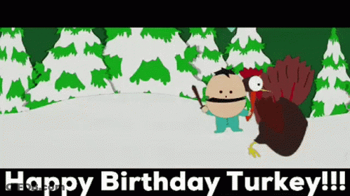 Cartoon Character Holding Stick Next To Turkey GIF