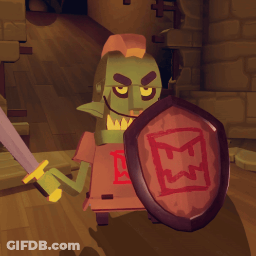Cartoon Character Holding Sword And Shield With Letter R GIF