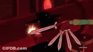Cartoon Character Holding Sword In Front Of Red Wall GIF