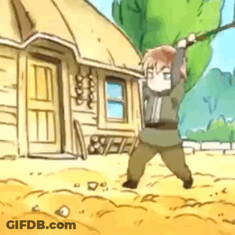 Cartoon Character Holding Sword In Front Of Thatched Roof House GIF