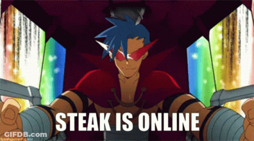 Cartoon Character Holding Sword Saying Steak Is Online GIF