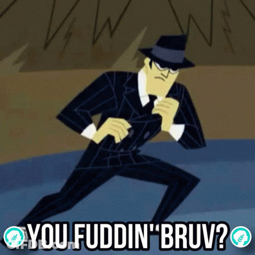 Cartoon Character Holding Sword Saying You Fuddin Bruv GIF