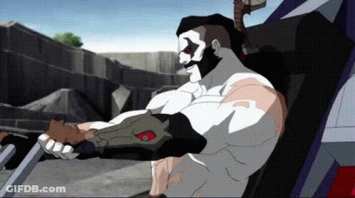 Cartoon Character Holding Sword Wearing Clown Mask GIF