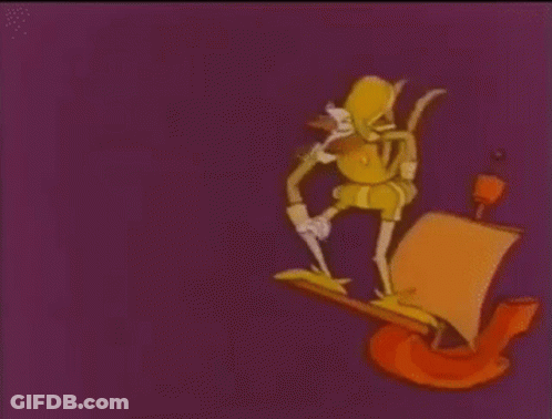 Cartoon Character Holding Telescope On Boat GIF