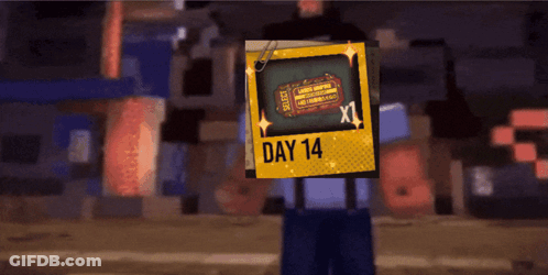 Cartoon Character Holding Ticket Saying Day 14 GIF