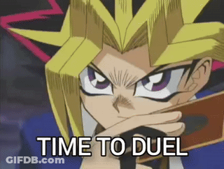 Cartoon Character Holding Time To Duel Card GIF