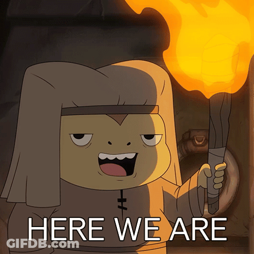 Cartoon Character Holding Torch Saying Here We Are GIF
