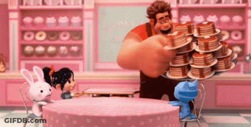 Cartoon Character Holding Tray Of Pancakes In Bakery GIF